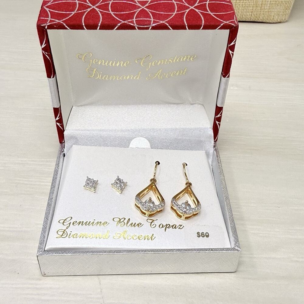 Two Pair PAJ BB China Blue Topaz and Diamond Accent Teardrop Dangle Earrings - Picture 6 of 8